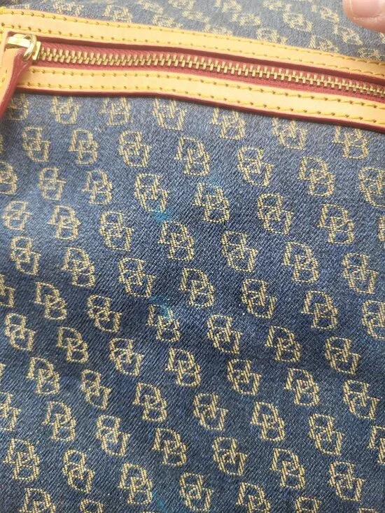 Dooney & Bourke Blue Denim Logo Brocade Shoulder Bag Brown Leather Red Interior - Picture 9 of 13